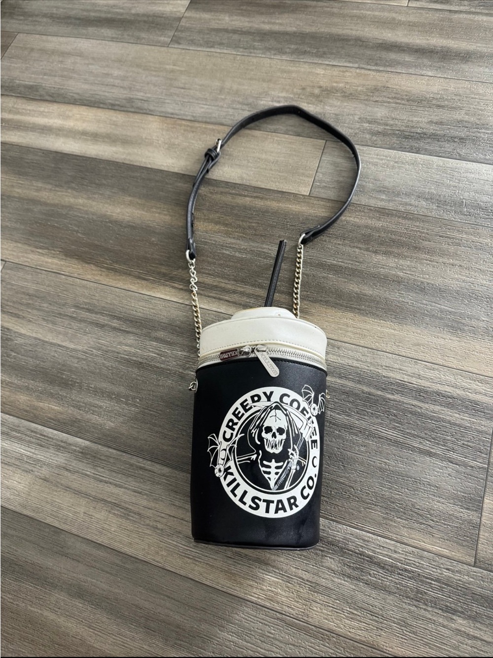 Killstar Black and White Creepy Coffee Crossbody Bottle Bag